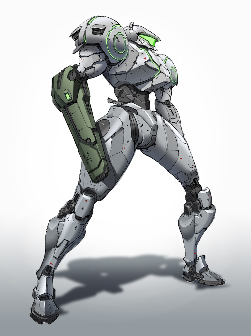 1girl alternate_costume arm_cannon armor cho_yonghee full_armor full_body gradient_background grey_background helmet highres metroid power_armor samus_aran shadow solo standing weapon white_background