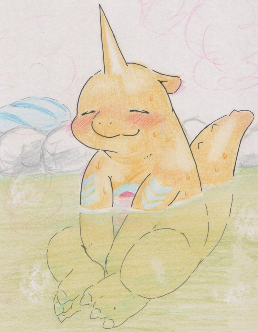 anthro bandai_namco bathing belly belly_markings blush digimon digimon_(species) eyes_closed gabumon hi_res horn hot_spring male markings nude partially_submerged scalie slightly_chubby smile solo tabasukotrr traditional_media_(artwork) water