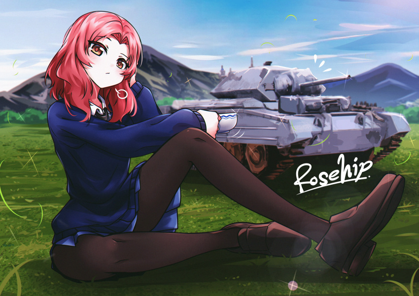 1girl absurdres arm_on_knee black_footwear black_necktie black_pantyhose blue_skirt blue_sky blue_sweater character_name commentary crusader_(tank) cup day dress_shirt english_commentary flying_sweatdrops girls_und_panzer grass hand_in_own_hair highres holding holding_cup knee_up light_frown loafers long_sleeves looking_at_viewer medium_hair military_vehicle miniskirt mizzterbii motion_lines motor_vehicle mountainous_horizon necktie orange_eyes outdoors pantyhose pleated_skirt red_hair rosehip_(girls_und_panzer) school_uniform shirt shoes sigh sitting skirt sky solo st._gloriana's_school_uniform sweater tank teacup v-neck white_shirt wind wing_collar