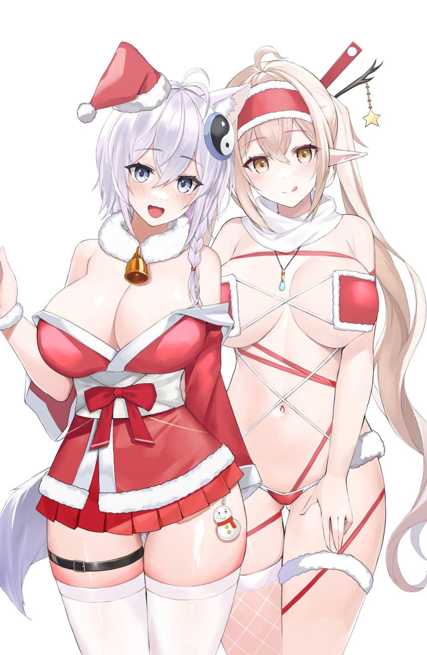 2girls :q absurdres animal_ears bell bikini breasts brown_eyes christmas elf fishnet_thighhighs fishnets fox_ears fox_girl fox_tail grey_eyes grey_hair hair_ornament hat highres jewelry large_breasts light_brown_hair multiple_girls nakamura_nagare navel original pendant pointy_ears santa_bikini santa_costume santa_hat single_thighhigh star_(symbol) swimsuit tail thighhighs tongue tongue_out white_thighhighs yin_yang