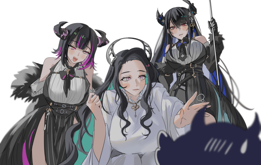 3girls anerissa_ravencroft asymmetrical_horns bare_shoulders black_hair blue_hair breasts colored_inner_hair demon_horns fur_trim hair_ornament hololive hololive_english horns huge_breasts jailbird_(nerissa_ravencroft) large_breasts long_hair mole mole_under_eye multicolored_hair multiple_girls nerissa_ravencroft oneerissa_ravencroft open_mouth red_eyes set7 siblings simple_background sisters skirt smile two-tone_hair uneven_horns virtual_youtuber