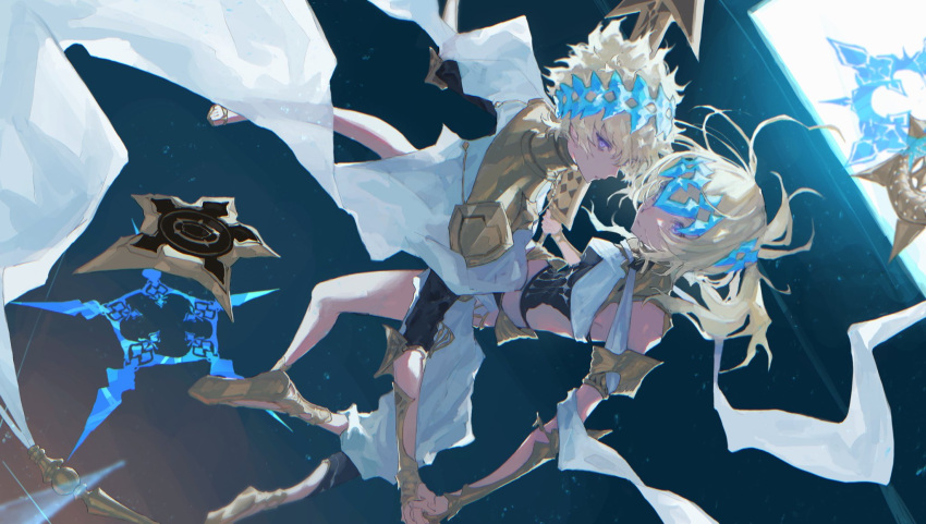 1boy 1girl armlet armor black_shirt blonde_hair blue_eyes bracer brother_and_sister castor_(fate) chakram diadem fate/grand_order fate_(series) floating floating_object floating_weapon full_body highres holding holding_sword holding_weapon looking_at_viewer medium_hair pollux_(fate) profile robe shirt short_hair shoulder_armor siblings sword twins uda_(xax_057) weapon white_robe