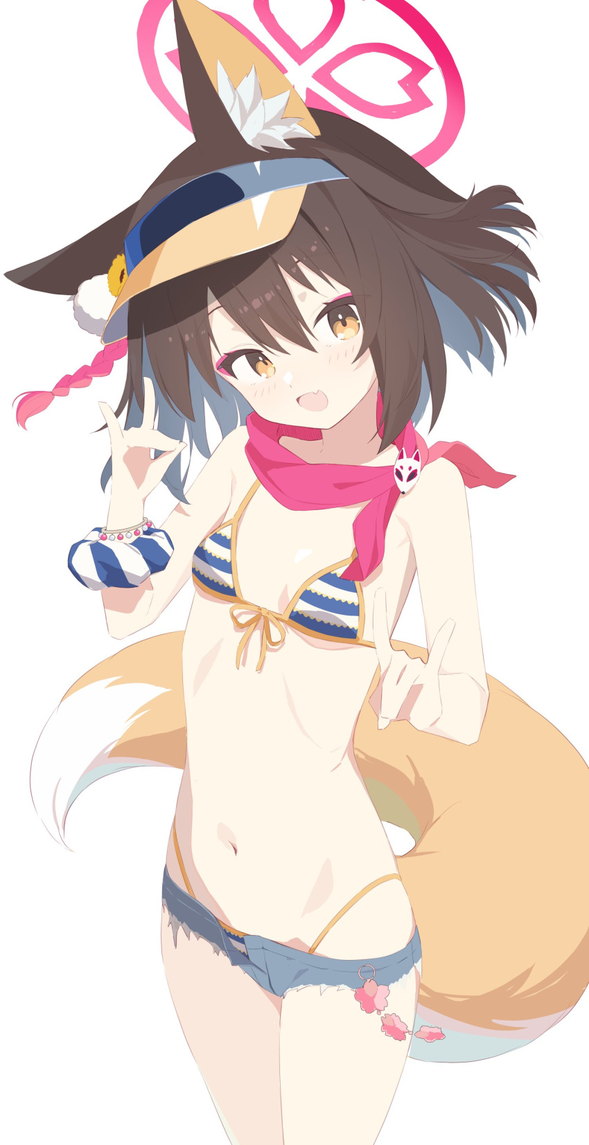 1girl absurdres animal_ears bikini blue_archive blue_bikini blue_shorts breasts brown_hair denim denim_shorts double_fox_shadow_puppet fox_ears fox_girl fox_shadow_puppet fox_tail highres izuna_(blue_archive) izuna_(swimsuit)_(blue_archive) looking_at_viewer navel official_alternate_costume red_scarf scarf short_hair short_shorts shorts simple_background small_breasts solo striped striped_bikini swimsuit tail thighs urotsuki_(2013.04) visor_cap white_background yellow_eyes