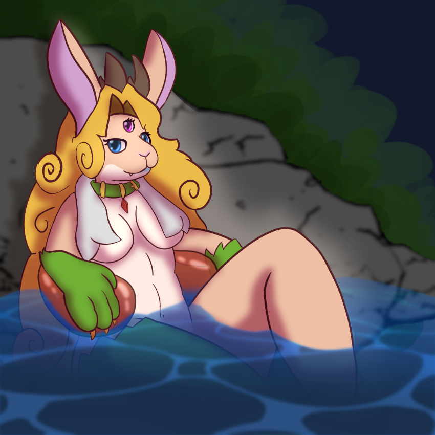 anthro bathing breasts convienent_censorship deer dryad female hi_res hybrid lagomorph mammal nude outside partially_submerged priscillia towel towel_around_neck water xilrayne