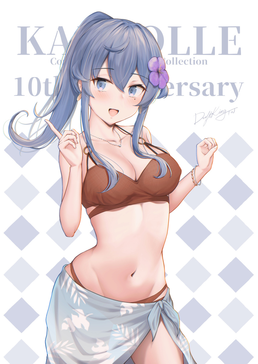 1girl absurdres anniversary artist_name bikini blue_eyes blue_hair blue_sarong blush breasts brown_bikini cleavage collarbone cowboy_shot driftkingtw earrings flower gotland_(kancolle) hair_between_eyes hair_flower hair_ornament highres index_finger_raised jewelry kantai_collection medium_breasts medium_hair mole mole_under_eye navel necklace open_mouth purple_flower sarong signature smile solo swimsuit