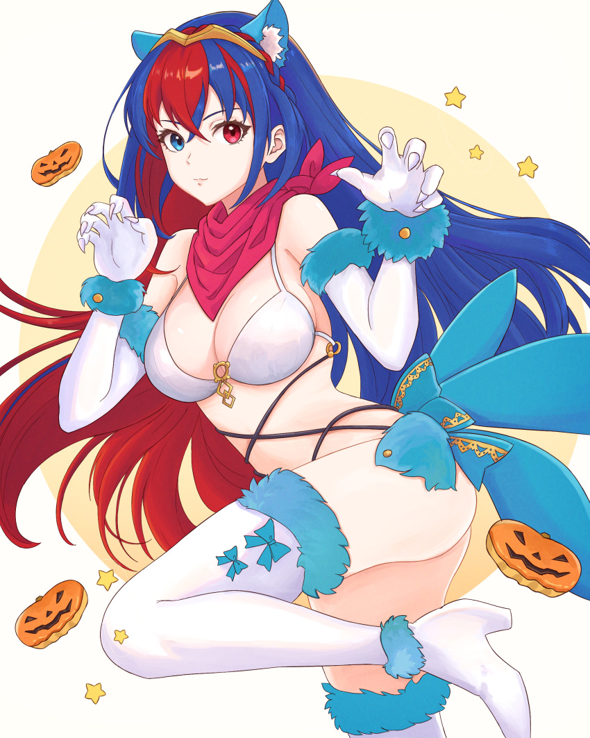 1girl absurdres alear_(female)_(fire_emblem) alear_(fire_emblem) alternate_costume animal_ears bikini bikini_top_only blue_eyes blue_hair boots claw_pose commentary cosplay elbow_gloves fake_animal_ears fire_emblem fire_emblem_engage gloves halloween halloween_costume highres long_hair looking_at_viewer multicolored_hair red_eyes red_hair smile solo sommie_(fire_emblem) sommie_(fire_emblem)_(cosplay) stomach swimsuit thigh_boots truejekart very_long_hair white_footwear white_gloves