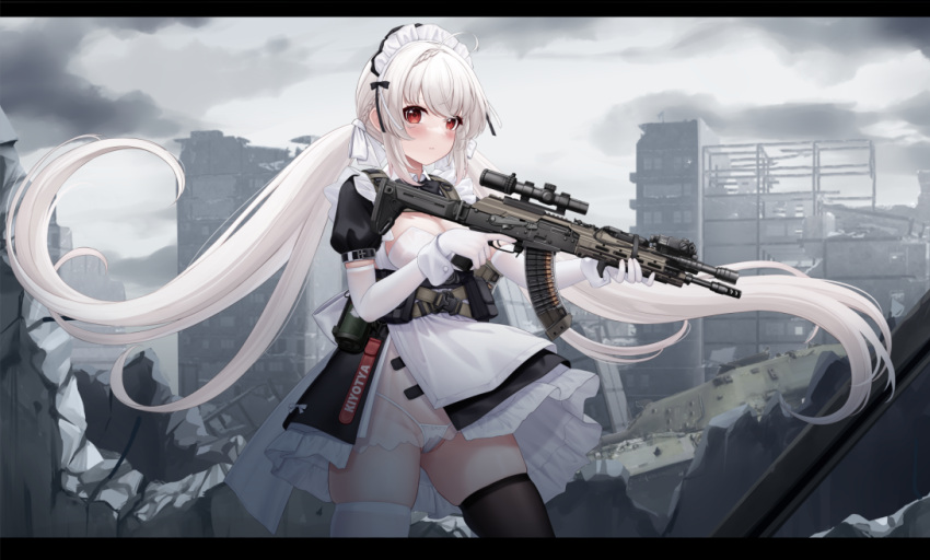 1girl allenes asymmetrical_legwear black_dress black_thighhighs blush breasts cleavage closed_mouth cloud cloudy_sky commentary_request dress elbow_gloves gloves gun holding holding_gun holding_weapon letterboxed long_hair looking_at_viewer low_twintails maid medium_breasts mismatched_legwear original outdoors panties puffy_short_sleeves puffy_sleeves red_eyes ruins scope see-through short_sleeves skindentation sky solo thighhighs twintails underwear very_long_hair weapon weapon_request white_hair white_panties white_thighhighs