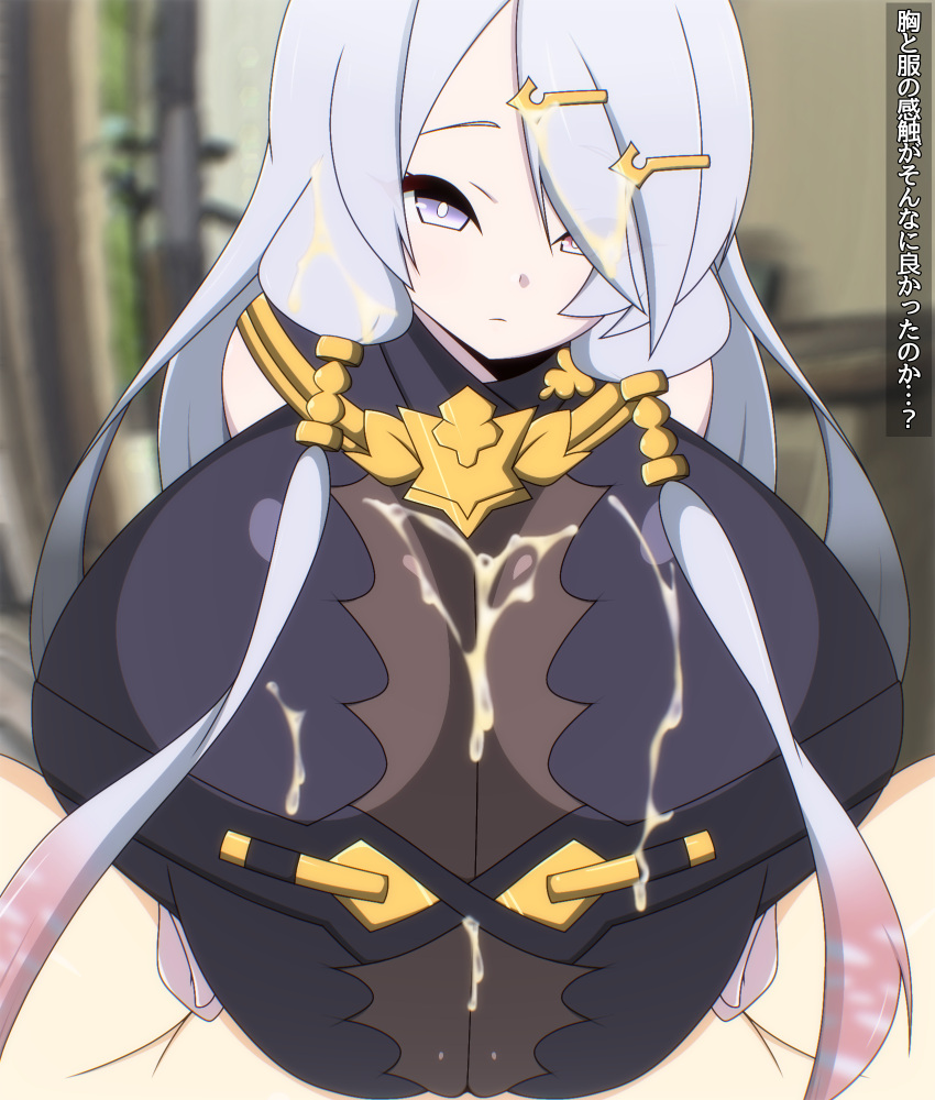 1boy 1girl atelier_(series) atelier_ryza atelier_ryza_1 blush breasts commentary_request cum ejaculation grey_hair hair_ornament hairpin heterochromia highres huge_breasts isha_gorira lila_decyrus paizuri paizuri_under_clothes translation_request