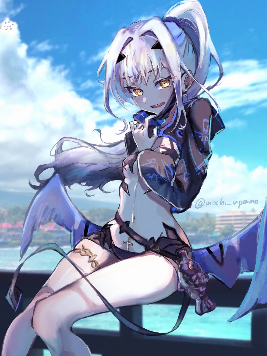 1girl absurdres bikini black_bikini black_jacket blue_sky breasts cropped_jacket dragon_wings fate/grand_order fate_(series) forked_eyebrows high_ponytail highres jacket long_hair long_sleeves looking_at_viewer mask mask_pull melusine_(fate) melusine_(swimsuit_ruler)_(fate) mochi_upamo mouth_mask navel open_mouth shrug_(clothing) sidelocks sitting sky small_breasts smile solo stomach_tattoo swimsuit tail tattoo thighlet thighs white_hair wings yellow_eyes
