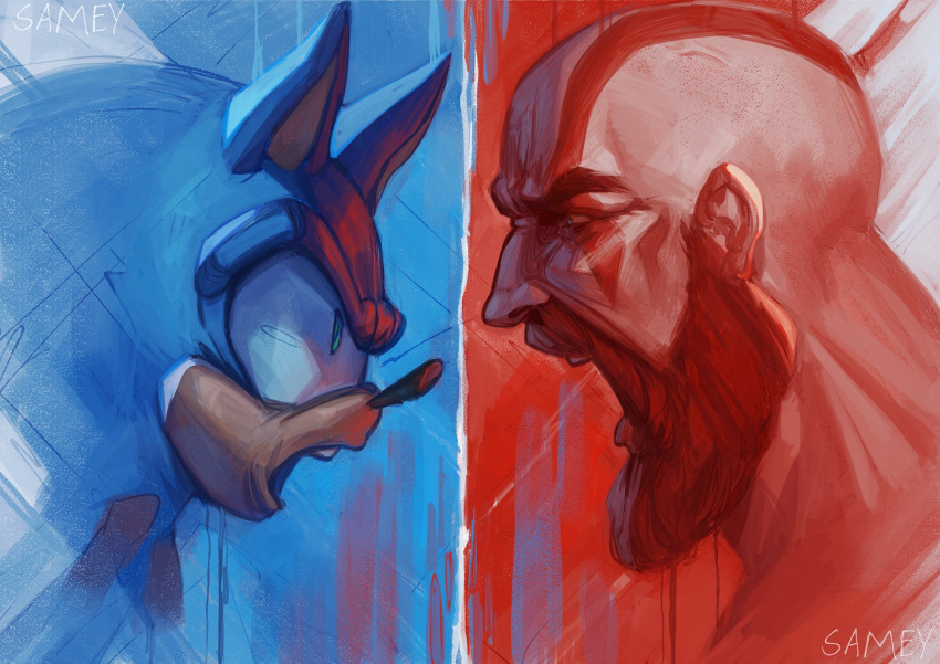 2boys animal_ears animal_nose bad_id bad_twitter_id bald beard commentary english_commentary eye_contact facial_hair from_side furry furry_male god_of_war green_eyes highres kindasamey kratos looking_at_another male_focus multiple_boys open_mouth profile sonic_(series) sonic_the_hedgehog trait_connection