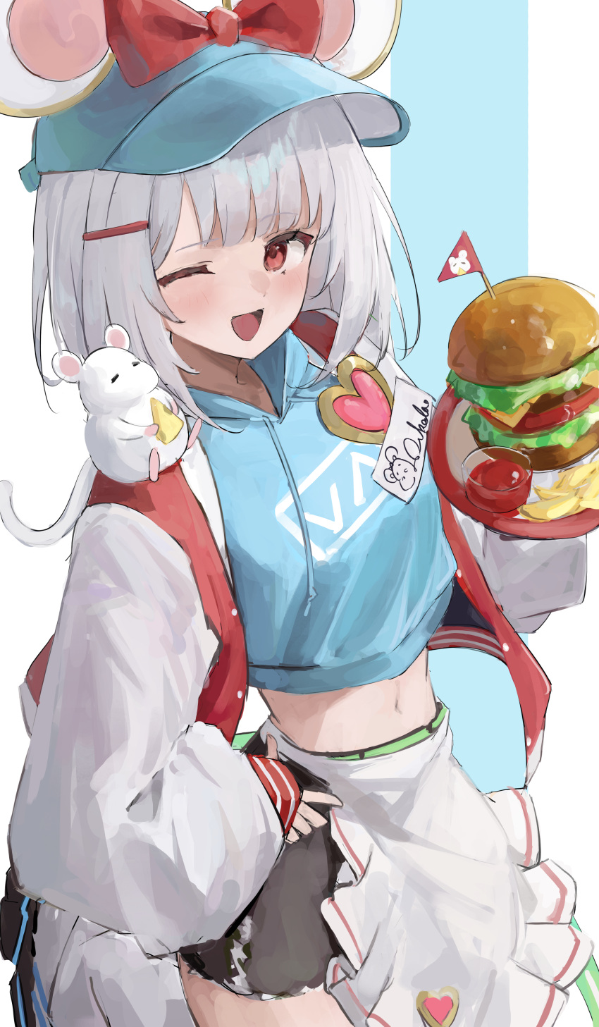 1girl absurdres animal_ears animal_on_shoulder apron baseball_cap black_shorts blue_headwear blue_hoodie blush breasts burger cowboy_shot cropped_hoodie fake_animal_ears food granblue_fantasy grey_hair hair_ornament hairclip hand_on_own_hip hat highres holding holding_plate hood hoodie jacket long_sleeves looking_at_viewer midriff mini_flag mouse mouse_ears navel official_alternate_costume one_eye_closed open_clothes open_jacket open_mouth plate red_eyes shiro_wa_(shiroshironix) short_hair short_shorts shorts simple_background small_breasts smile solo vikala_(granblue_fantasy) waist_apron white_background white_jacket