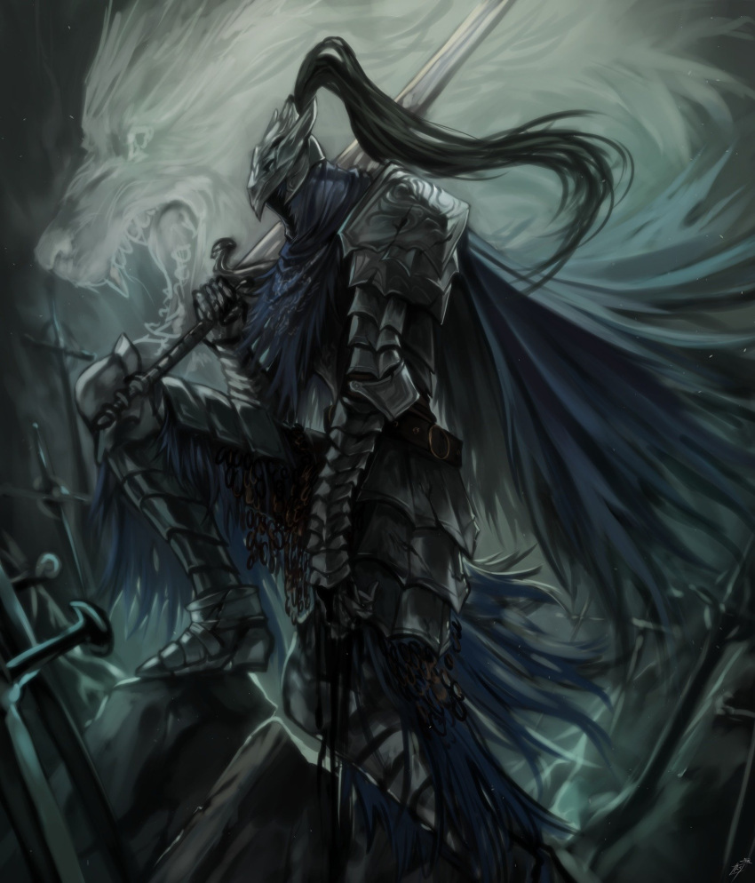 1boy alicetarrandalf armor artorias_the_abysswalker breastplate broken_arm cape chainmail dark_souls_(series) dark_souls_i faulds field_of_blades full_armor gauntlets great_grey_wolf_sif greatsword greaves grey_wolf helm helmet highres holding holding_sword holding_weapon knight over_shoulder plate_armor plume semi-transparent shoulder_armor solo standing sword torn_cape torn_clothes weapon weapon_over_shoulder wolf