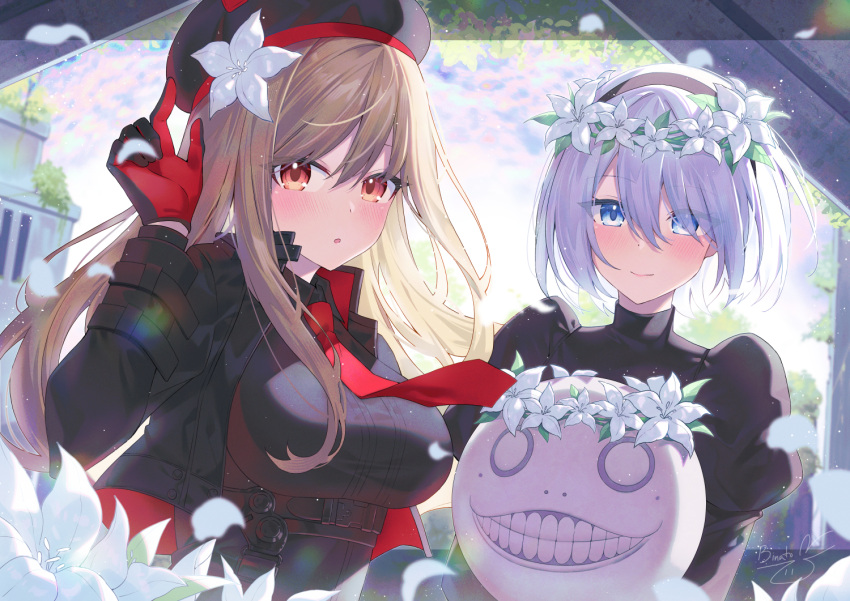 2b_(nier:automata) 2girls arm_up beret binato_lulu black_choker black_gloves black_headwear blue_eyes blush breasts brown_hair choker closed_mouth collared_shirt emil_(nier) flower gloves goddess_of_victory:_nikke hair_flower hair_ornament hat ishikawa_yui large_breasts long_hair long_sleeves multiple_girls necktie nier:automata nier_(series) no_blindfold orange_eyes parted_lips rapi_(nikke) red_necktie shirt short_hair smile voice_actor_connection white_hair