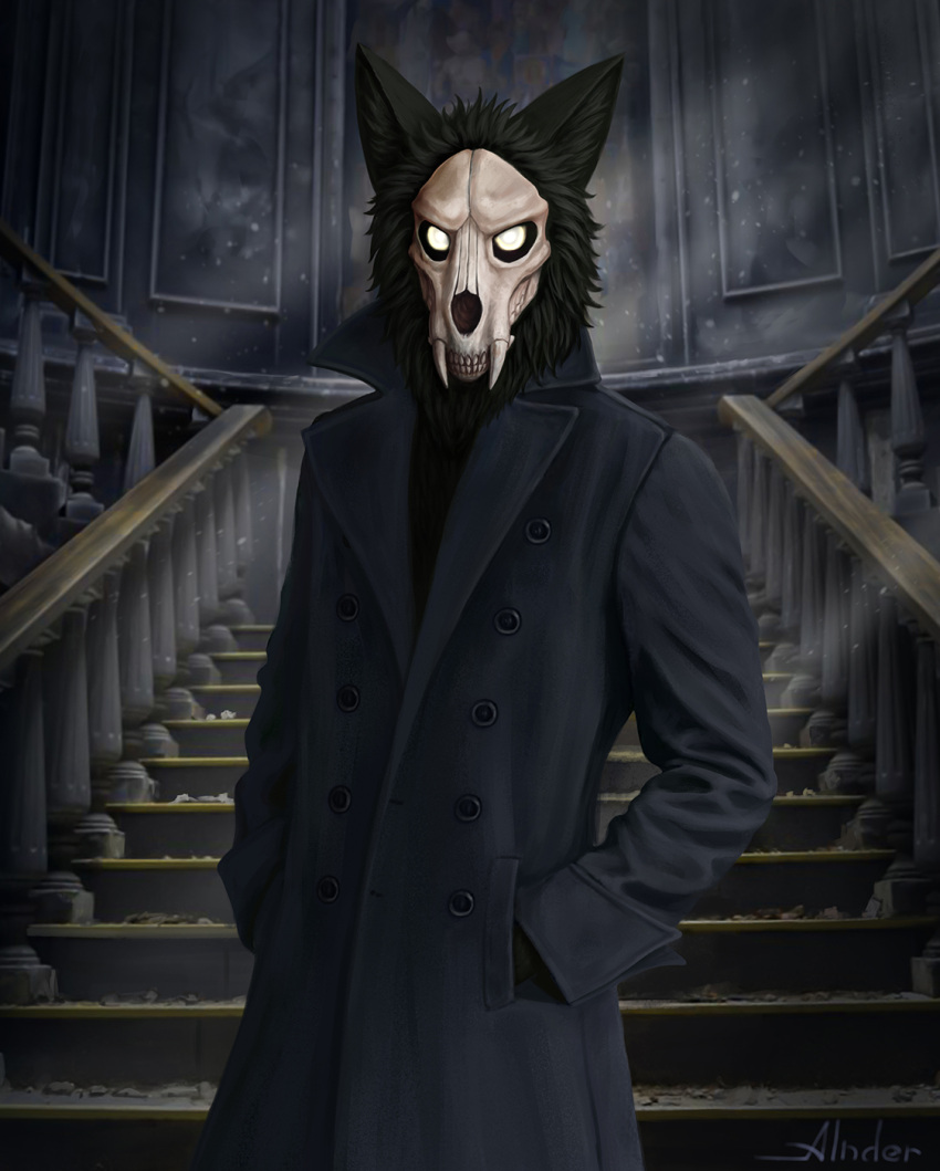 alnder anthro bone canid canine canis clothed clothing detailed_background domestic_dog dream hi_res invalid_tag looking_at_viewer male mammal nightmare scared skull skull_dog