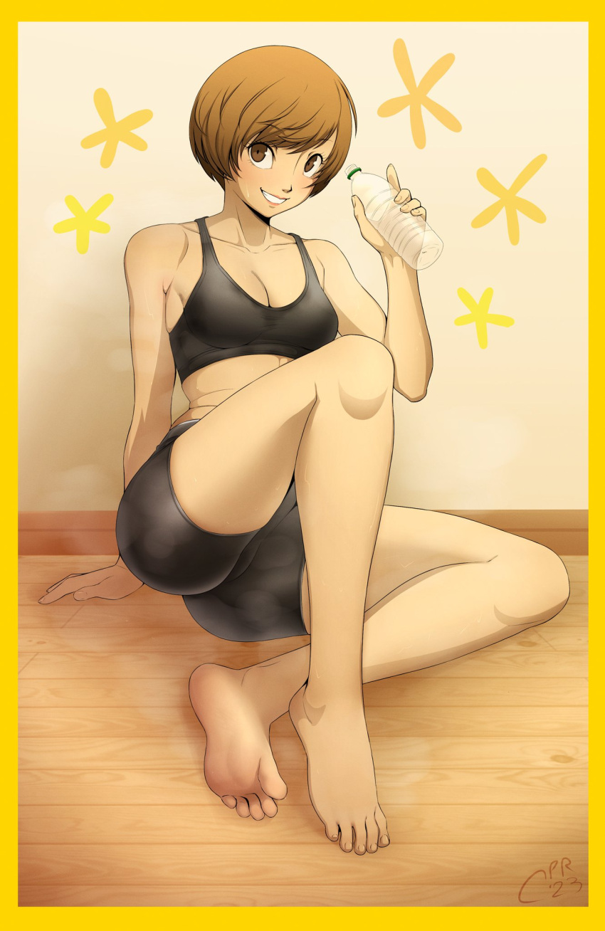 1girl arm_support armpit_crease ass bare_legs bare_shoulders barefoot bike_shorts black_shorts black_sports_bra border bottle breasts brown_eyes brown_hair cabronpr cleavage collarbone commentary dated english_commentary feet full_body hand_up highres holding indoors knee_up legs lips looking_at_viewer medium_breasts parted_bangs persona persona_4 satonaka_chie short_hair shorts sidelocks signature sitting skin_tight smell soles solo sports_bra steaming_body swept_bangs teeth thighs toenails toes water_bottle wooden_floor yellow_border