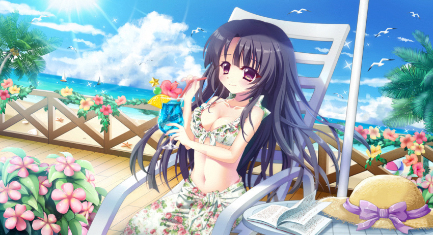 1girl beach bikini bird black_hair blue_sky book bow breasts bush chair cleavage cloud coconut coconut_tree collarbone cup day drink drinking_glass drinking_straw film_grain floral_print flower folding_chair food front-tie_bikini_top front-tie_top fruit game_cg hat hibiscus holding holding_cup holding_drinking_straw horizon ichikishima_mizuha izumi_tsubasu large_breasts lemon lemon_slice lens_flare long_hair non-web_source ocean official_art open_book palm_tree pole purple_bow purple_eyes railing re:stage! sarong seagull seashell shell sky smile solo sparkle star_(symbol) starfish stomach straw_hat sun swimsuit table tree white_bikini white_sarong wooden_floor wooden_railing