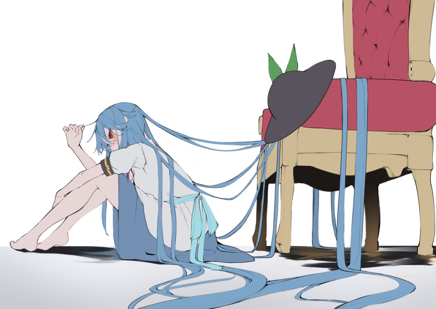 1girl bare_legs barefoot black_headwear blue_hair blue_skirt blush chair hat highres hinanawi_tenshi knees_up leaf leaning_forward legs long_hair looking_up puffy_short_sleeves puffy_sleeves pulling_own_hair red_eyes ribbon ribbon-trimmed_sleeves ribbon_trim shadow shirt short_sleeves sitting skirt solo throne touhou tsune_(tune) very_long_hair white_shirt