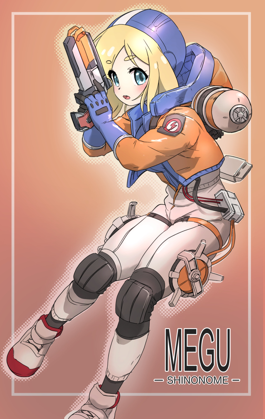 apex_legends b3_wingman blue_bodysuit blush bodysuit breasts character_name cosplay gun guranoootsu handgun highres holding holding_gun holding_weapon hood hood_down hood_up hooded_bodysuit hooded_jacket indie_virtual_youtuber invisible_chair jacket knee_pads looking_at_viewer medium_breasts open_mouth orange_jacket revolver ribbed_bodysuit shinonome_megu sitting virtual_youtuber wattson_(apex_legends) wattson_(apex_legends)_(cosplay) weapon white_bodysuit white_footwear