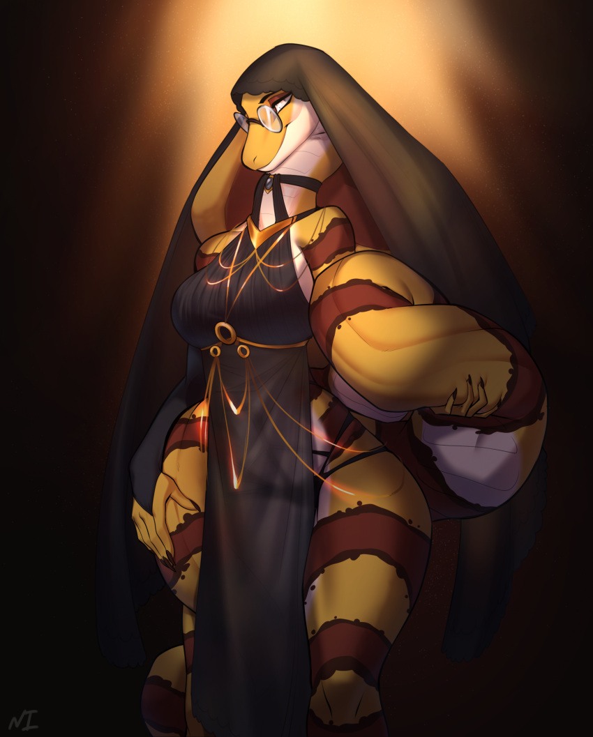 anthro breasts clothed clothing cobra dress eyewear female fora front_view glasses hi_res jewelry long_tail necroizu nun_habit reptile round_glasses scales scalie skimpy snake solo standing tail thick_tail wide_hips yellow_body yellow_scales