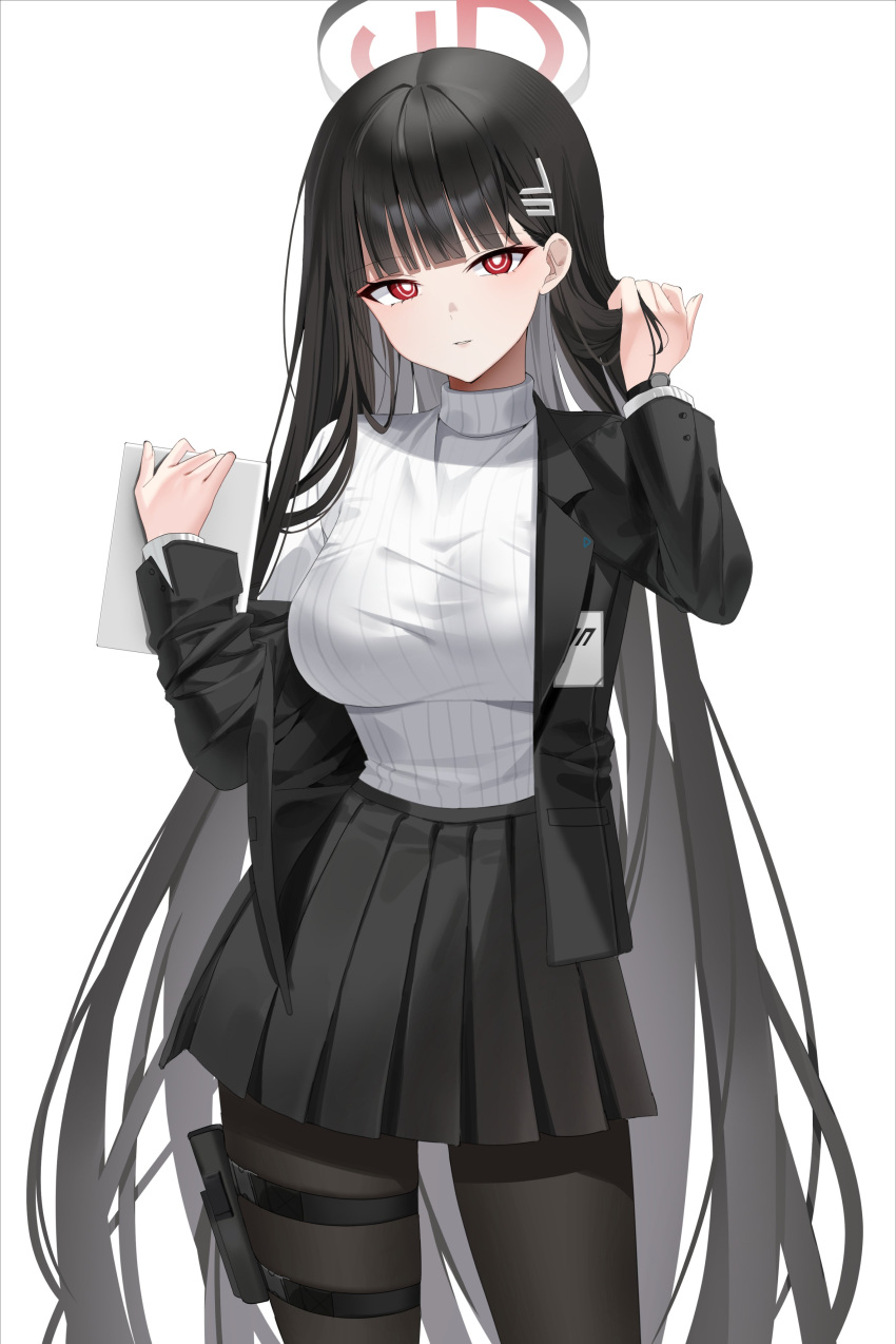 1girl absurdres adjusting_hair black_hair black_jacket black_pantyhose black_skirt blue_archive breasts bright_pupils educk hair_ornament hairclip halo highres holding holding_tablet_pc holster id_card jacket large_breasts long_hair looking_at_viewer off_shoulder open_clothes open_jacket pantyhose pleated_skirt red_eyes ribbed_sweater rio_(blue_archive) skirt solo sweater sweater_tucked_in tablet_pc thigh_holster turtleneck turtleneck_sweater very_long_hair white_pupils white_sweater