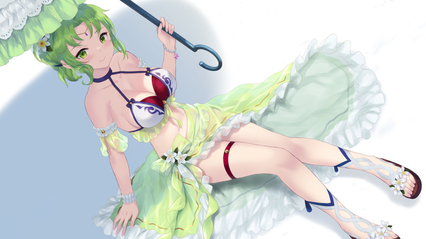 1girl alternate_breast_size armband bikini blush breasts cait_aron cleavage closed_mouth collarbone dutch_angle fire_emblem fire_emblem:_the_sacred_stones fire_emblem_heroes flower frilled_armband frills gloves gradient_clothes green_eyes green_hair green_sarong hair_flower hair_ornament highres holding holding_umbrella l'arachel_(fire_emblem) l'arachel_(summer)_(fire_emblem) large_breasts long_hair looking_at_viewer official_alternate_costume parasol sarong see-through_sarong shadow smile solo swimsuit toes umbrella white_background white_bikini