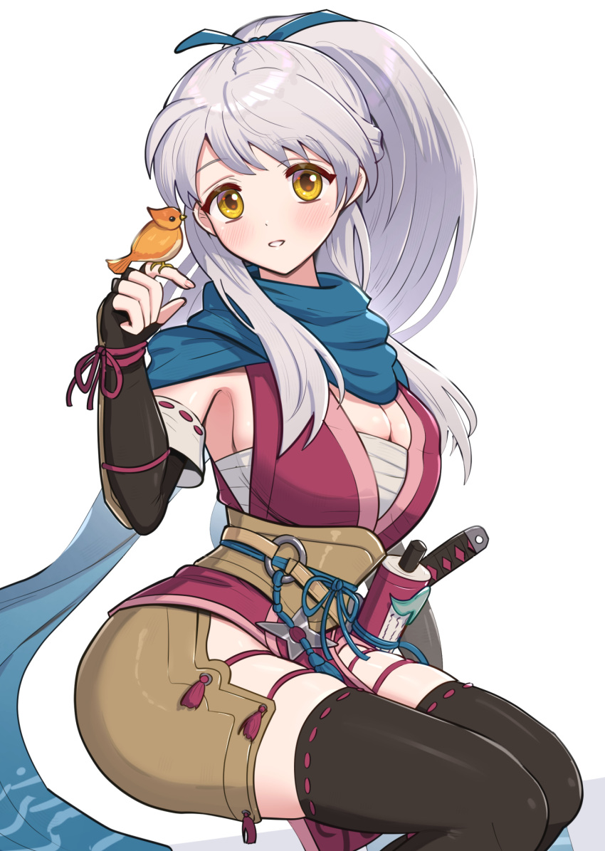 1girl bandages bird black_thighhighs blue_ribbon blue_scarf breasts chest_sarashi cleavage commentary_request fire_emblem fire_emblem:_radiant_dawn fire_emblem_heroes gonzarez hair_ribbon highres japanese_clothes kimono large_breasts micaiah_(fire_emblem) micaiah_(ninja)_(fire_emblem) ninja official_alternate_costume official_alternate_hairstyle ponytail ribbon sarashi scarf sideboob simple_background sleeveless sleeveless_kimono thighhighs thighs white_background yune_(fire_emblem)