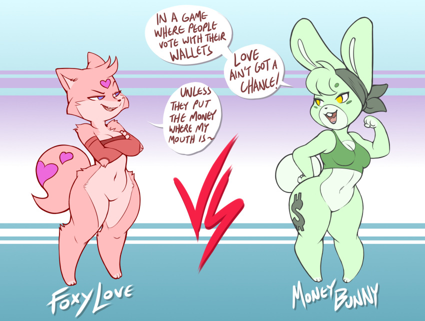 &lt;3 anthro bandanna bandeau bottomless bragging buckteeth canid canine clothed clothing cownugget crop_top crossed_arms currency_symbol dialogue digital_media_(artwork) dollar_sign duo featureless_crotch female flexing_bicep fox heart_(marking) hi_res kerchief lagomorph leporid mammal navel rabbit shirt speech_bubble symbol talking_to_another tank_top taunting teeth thick_calves thick_thighs topwear wide_hips