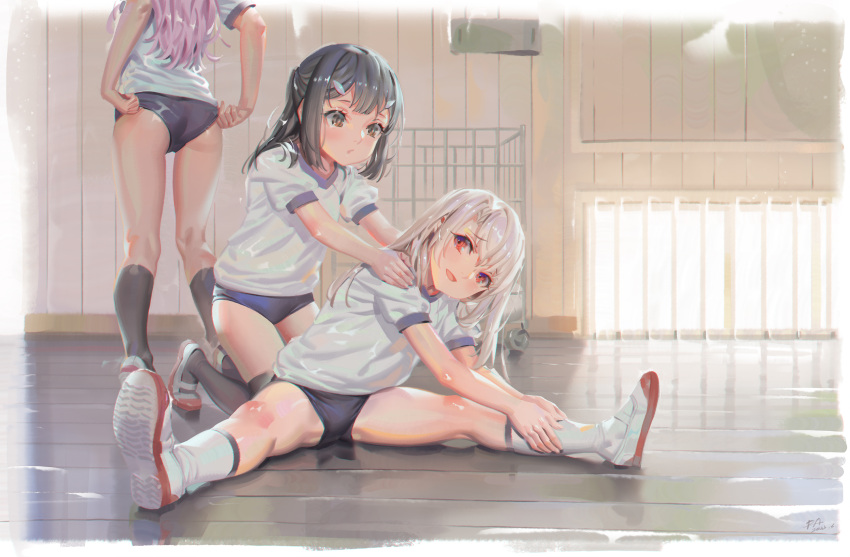 3girls adjusting_buruma adjusting_clothes alphonse_(white_datura) ass black_hair black_socks black_thighhighs blue_buruma brown_eyes brown_hair buruma chloe_von_einzbern dark-skinned_female dark_skin exercise fate/kaleid_liner_prisma_illya fate_(series) gym_uniform hands_on_another's_shoulders highres illyasviel_von_einzbern indoors kneehighs kneeling kneepits legs long_hair miyu_edelfelt multiple_girls open_mouth pink_hair red_eyes shirt shoes short_sleeves sitting smile socks spread_legs standing stretching thighhighs thighs white_footwear white_shirt white_socks