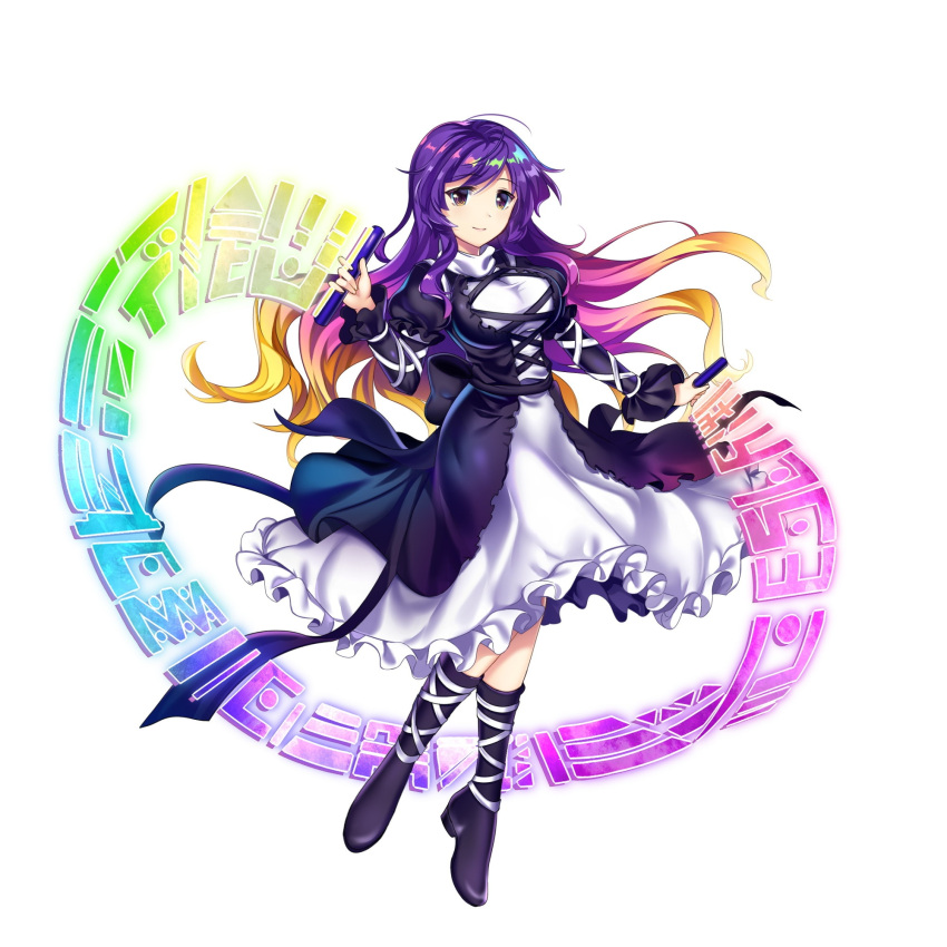 1girl black_footwear breasts closed_mouth cross-laced_clothes dress full_body game_cg gradient_eyes gradient_hair highres hijiri_byakuren juliet_sleeves large_breasts layered_dress long_hair long_sleeves looking_at_viewer multicolored_eyes multicolored_hair puffy_sleeves purple_eyes purple_hair rotte_(1109) simple_background smile solo sorcerer's_sutra_scroll third-party_source touhou touhou_lost_word two-tone_hair white_background white_dress yellow_eyes