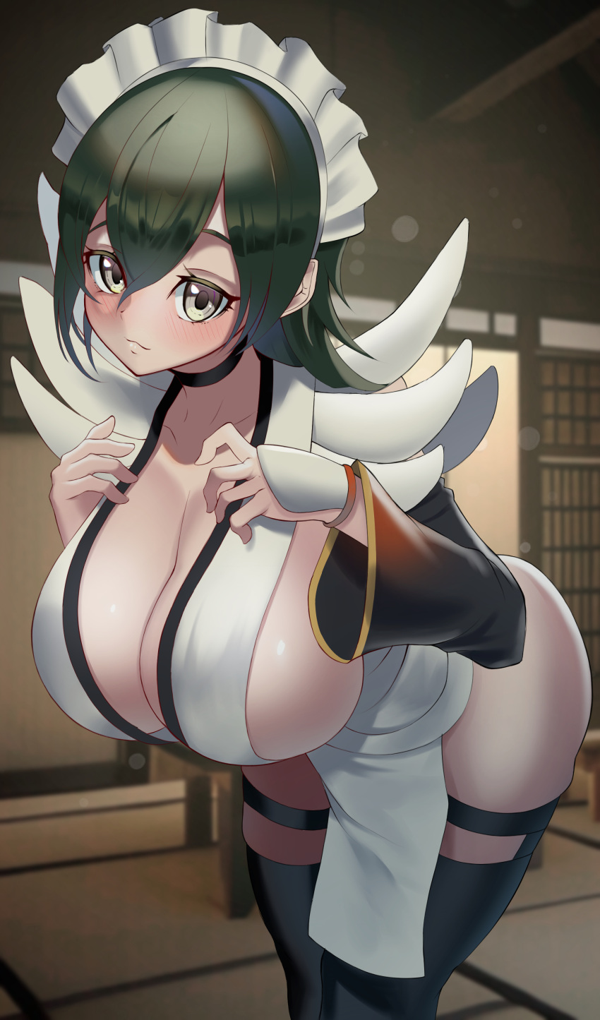 1girl absurdres bangs black_hair blush breasts choker cleavage closed_mouth collarbone detached_sleeves hair_ornament hairclip hand_on_own_chest highres huge_breasts indoors iroha_(samurai_spirits) japanese_clothes large_breasts leaning_forward looking_at_viewer maid_headdress pelvic_curtain samurai_spirits sato_one1 short_hair simple_background skindentation sleeveless smile solo thighhighs thighs wide_sleeves