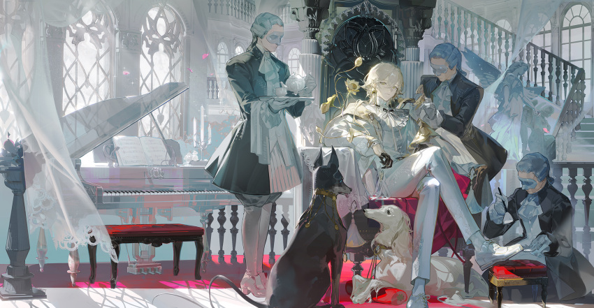 4boys animal bench black_gloves blonde_hair blue_hair butler chinese_commentary colorful dog dusting flower gloves hair_ornament highres instrument jewelry lamp long_hair looking_at_viewer male_focus mask multiple_boys onmyoji:_the_card_game pants piano pillow ruoganzhao shirt short_hair sitting smile stairs statue suit sunflower taishakuten_(onmyoji) teapot white_gloves white_pants white_shirt window yellow_eyes
