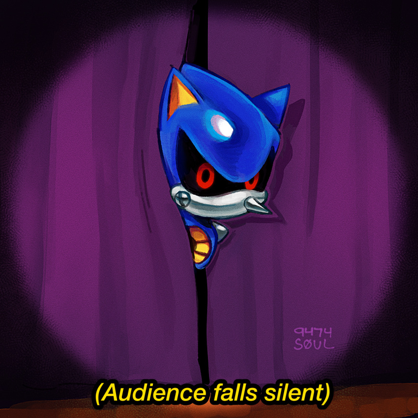 1boy 9474s0ul animal_ears artist_name commentary english_commentary english_text highres looking_at_viewer male_focus metal_sonic red_eyes robot solo sonic_(series) sonic_cd sonic_the_hedgehog_(classic) stage_curtains