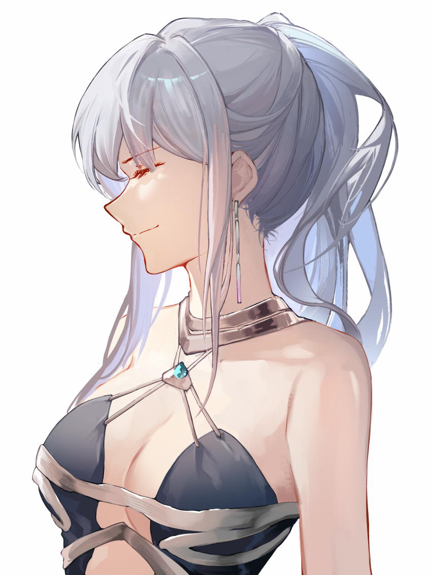 1girl absurdres ak-12_(girls'_frontline) ak-12_(quiet_azure)_(girls'_frontline) aquamarine_(gemstone) bare_shoulders black_dress breasts chinese_commentary cleavage closed_eyes commentary dress earrings from_side girls'_frontline halter_dress halterneck highres jewelry luoyuyaoouruola medium_breasts official_alternate_costume ponytail portrait profile revealing_clothes sidelocks simple_background smile solo white_background white_hair