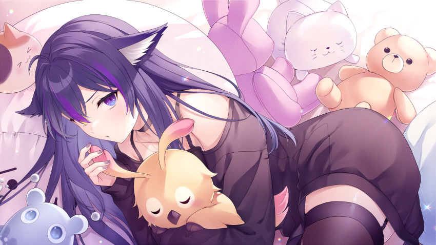 1girl animal_ears black_choker black_sweater black_thighhighs blue_eyes blue_hair calico choker commission creature dress e_(eokiba) garter_straps heterochromia highres long_hair long_sleeves looking_at_viewer multicolored_hair off-shoulder_sweater off_shoulder phantasy_star phantasy_star_online pillow purple_hair rappy skeb_commission stuffed_animal stuffed_cat stuffed_toy sweater sweater_dress teddy_bear thighhighs vrchat yellow_eyes