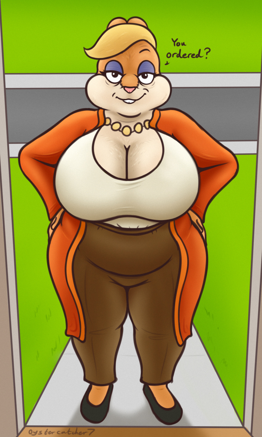 anthro belly big_breasts bottomwear breasts cardigan cleavage clothed clothing eyeshadow female hi_res jewelry lagomorph leporid looking_at_viewer makeup mammal mature_female necklace oystercatcher7 pants patricia_bunny rabbit slightly_chubby solo the_looney_tunes_show thick_thighs warner_brothers