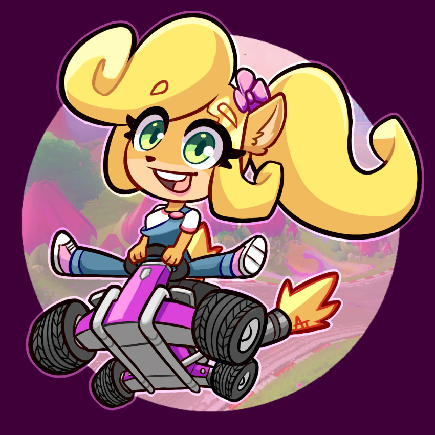 2020 accessory activision alex-toons anthro blonde_hair clothing coco_bandicoot crash_bandicoot_(series) female flower flower_in_hair footwear green_eyes hair hair_accessory hi_res kart mammal marsupial open_mouth open_smile plant ponytail signature smile solo vehicle