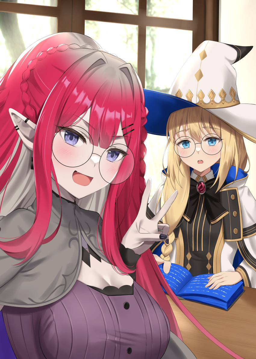 2girls absurdres baobhan_sith_(fate) baobhan_sith_(swimsuit_pretender)_(fate) baobhan_sith_(swimsuit_pretender)_(first_ascension)_(fate) black_nails blonde_hair blue_eyes blush book bow breasts colored_inner_hair day earrings fate/grand_order fate_(series) glasses grey_eyes hat highres indoors jewelry long_hair looking_at_viewer multicolored_hair multiple_girls nail_polish open_mouth pointy_ears reading red_hair robe sidelocks sitting smile surprised table tonelico_(fate) tonelico_(first_ascension)_(fate) upper_body v white_headwear white_robe window witch_hat yuyuenimo