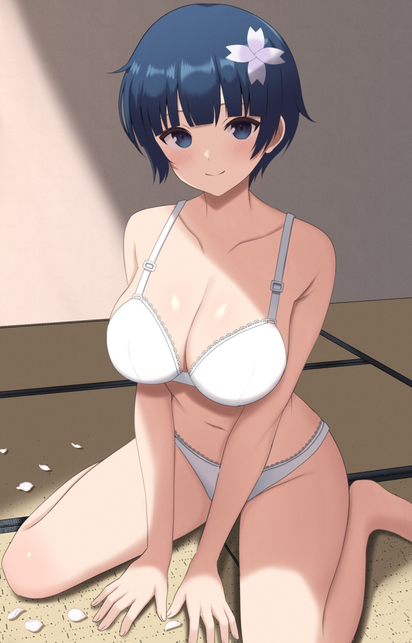 1girl armpit_crease bare_arms bare_legs bare_shoulders barefoot blue_eyes blue_hair blunt_bangs blush bra breasts cleavage closed_mouth collarbone commentary fingernails flower foot_out_of_frame hair_flower hair_ornament highres indoors large_breasts looking_at_viewer on_floor panties petals purple_flower senran_kagura shade short_hair sitting smile solo surippa1010 tatami underwear underwear_only v_arms wariza white_bra white_flower white_panties yozakura_(senran_kagura)