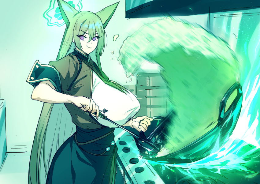 1girl absurdres animal_ears blue_archive breasts cooking dress fire food fried_rice green_theme hair_between_eyes halo highres holding huge_breasts indoors long_hair looking_at_viewer meme purple_eyes rice_wave_(meme) rumi_(blue_archive) short_sleeves smirk solo stove thirty_8ght very_long_hair wok