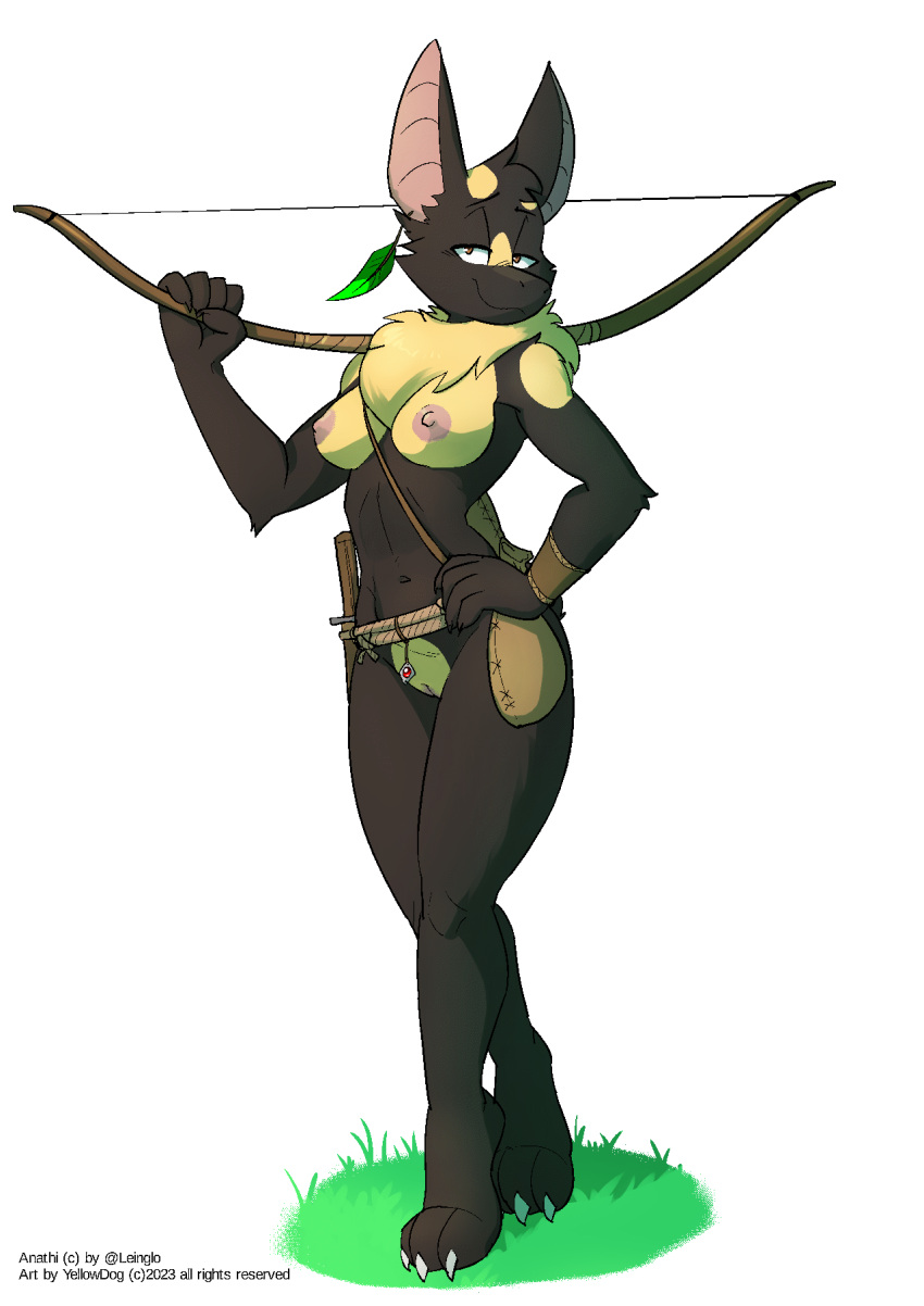 3_toes anathi anthro artbyyellowdog bat belt black_body bow_(weapon) breasts claws feather_earring feet genitals hand_on_hip hi_res knife looking_at_viewer male mammal multicolored_body navel neck_tuft nipples nude pouch_(anatomy) pouch_purse pussy ranged_weapon rope rope_belt simple_background smile solo standing toe_claws toes tuft two_tone_body weapon white_background wingless_bat wristband yellow_body