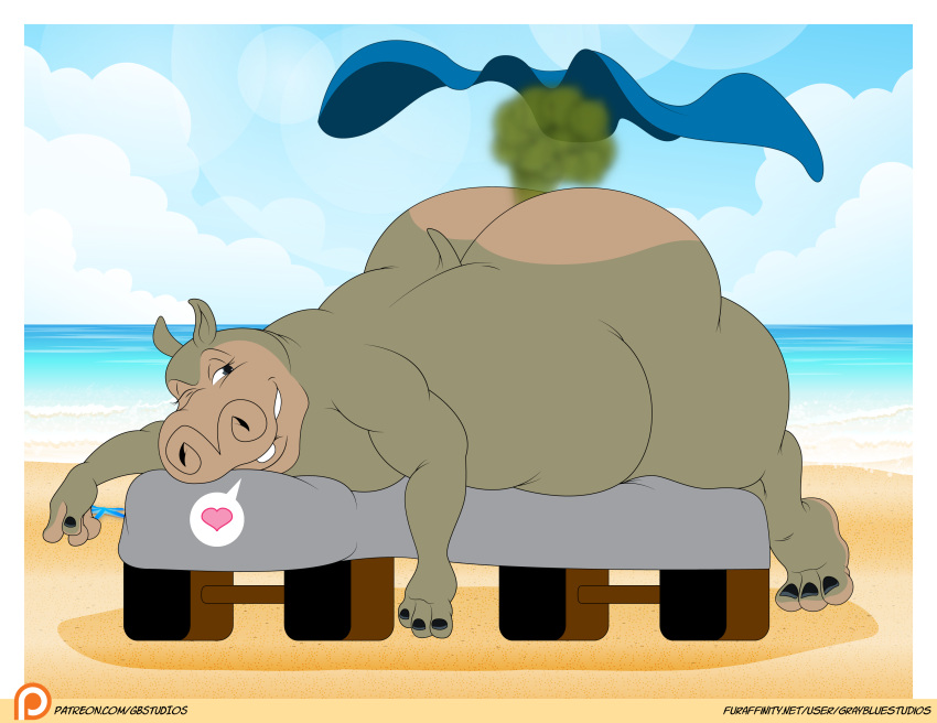 &lt;3 anthro beach big_butt butt common_hippopotamus detailed_background dreamworks fart fart_cloud female gbstudios gloria_the_hippopotamus hi_res hippopotamid madagascar_(series) mammal massage_table one_eye_closed patreon sand seaside smile solo towel water wink