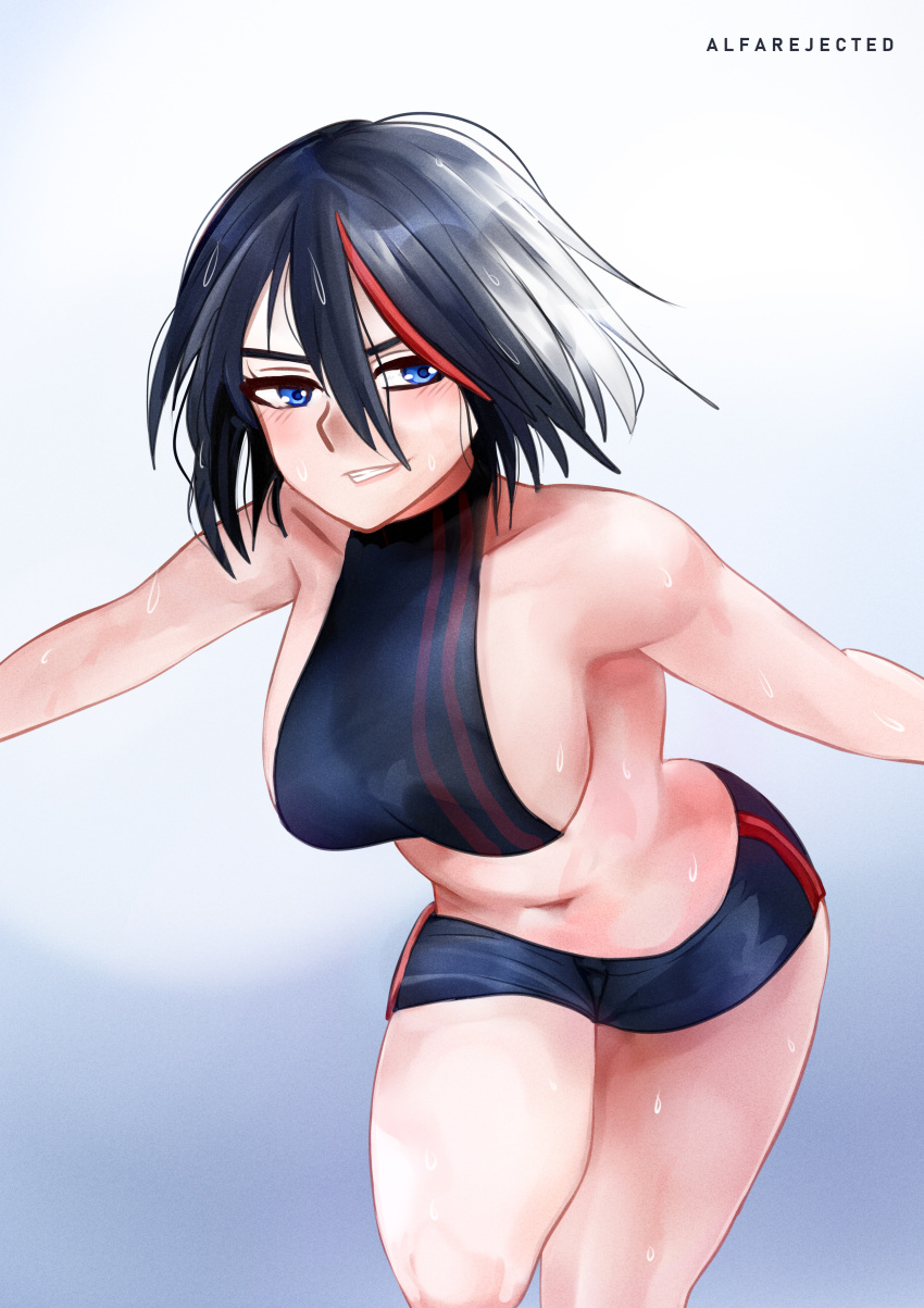 1girl absurdres alfarejected armpits bare_legs bare_shoulders bent_over black_hair blue_eyes blush breasts gradient_background hair_between_eyes highres kill_la_kill looking_to_the_side matoi_ryuuko medium_breasts messy_hair multicolored_hair navel outstretched_arms panties parted_lips short_hair short_shorts shorts sideboob signature simple_background smile streaked_hair sweat trigger_(company) two-tone_hair underwear wet wet_hair