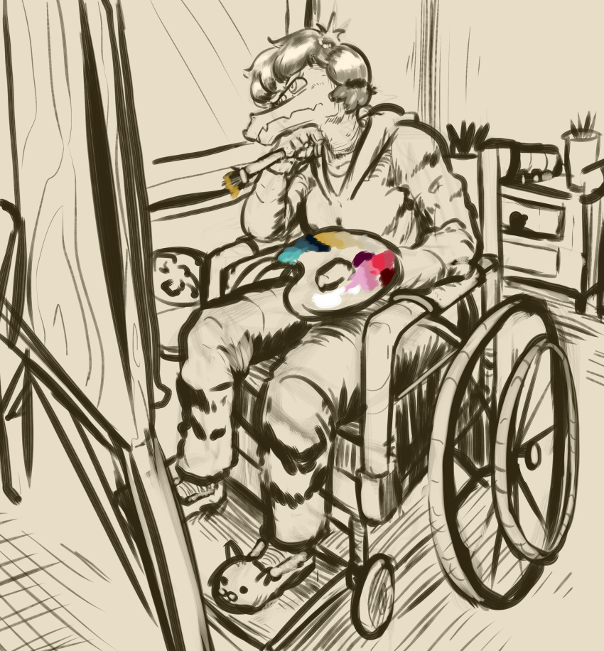 2023 absurd_res alligator alligatorid anthro black_and_white brush clothing crocodilian disability eyelashes female fingers hair hi_res hoodie i_wani_hug_that_gator inside monochrome olivia_(iwhtg) paint paintbrush palette paraplegic reptile scalie short_hair slippers snout solo topwear wheelchair wikd_xd