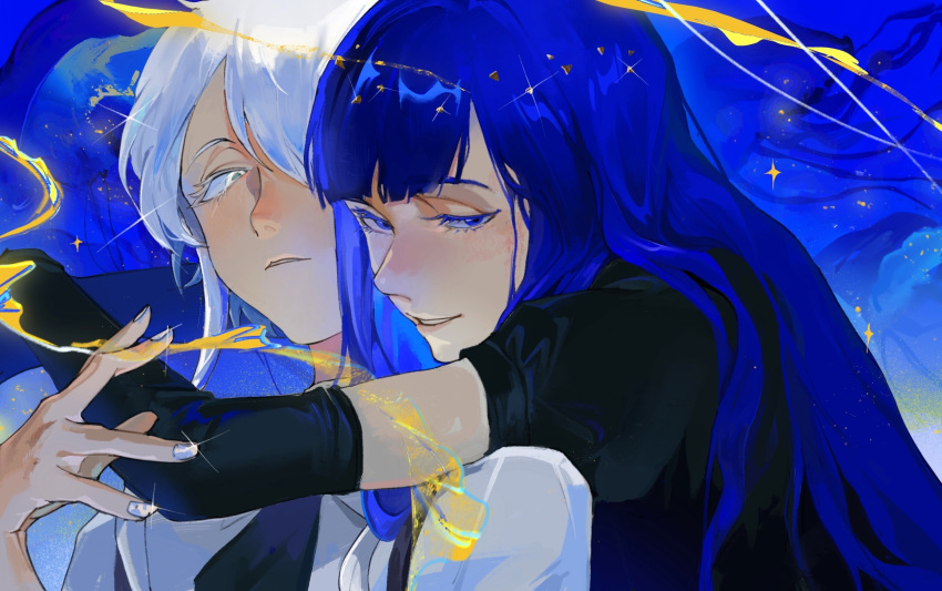 2others abstract_background androgynous black_gloves black_necktie black_shirt blue_background blue_eyes blue_hair colored_eyelashes commentary_request elbow_gloves gem_uniform_(houseki_no_kuni) ghost_quartz_(houseki_no_kuni) gloves gold grey_nails grin hair_over_one_eye half-closed_eyes hand_up highres houseki_no_kuni hug hug_from_behind lapis_lazuli_(houseki_no_kuni) long_hair multiple_others necktie one_eye_covered parted_lips puffy_short_sleeves puffy_sleeves shirt short_hair_with_long_locks short_necktie short_sleeves smile sparkle upper_body white_eyes white_hair white_shirt xiaoxiaoguguzi