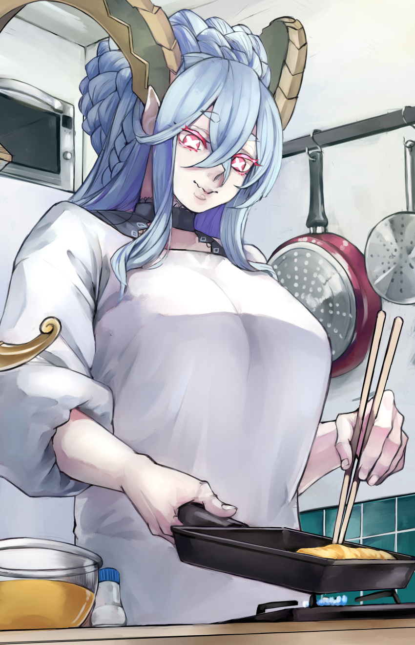 1girl absurdres aqua_hair bowl braid breasts chopsticks cooking curled_horns fate/grand_order fate_(series) food gumi_(the_eye_of_darkness) hair_between_eyes highres horns large_breasts larva_tiamat_(fate) long_hair long_sleeves mixing_bowl omelet pink_eyes pointy_ears salt_shaker shirt sidelocks skillet smile solo stove symbol-shaped_pupils tamagoyaki tiamat_(fate) white_shirt