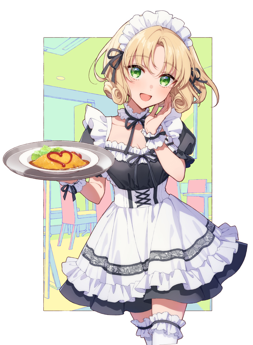 1girl :d absurdres apron black_dress black_ribbon blonde_hair blush breasts chair cleavage curly_hair dress frilled_apron frills green_eyes heart highres holding holding_plate hououji_fuu looking_at_viewer magic_knight_rayearth maid maid_headdress masami_(souzou_jinsei_sanka) medium_breasts neck_ribbon open_mouth outside_border parted_bangs plate puffy_short_sleeves puffy_sleeves ribbon short_hair short_sleeves smile solo thighhighs white_apron white_thighhighs wrist_cuffs zettai_ryouiki