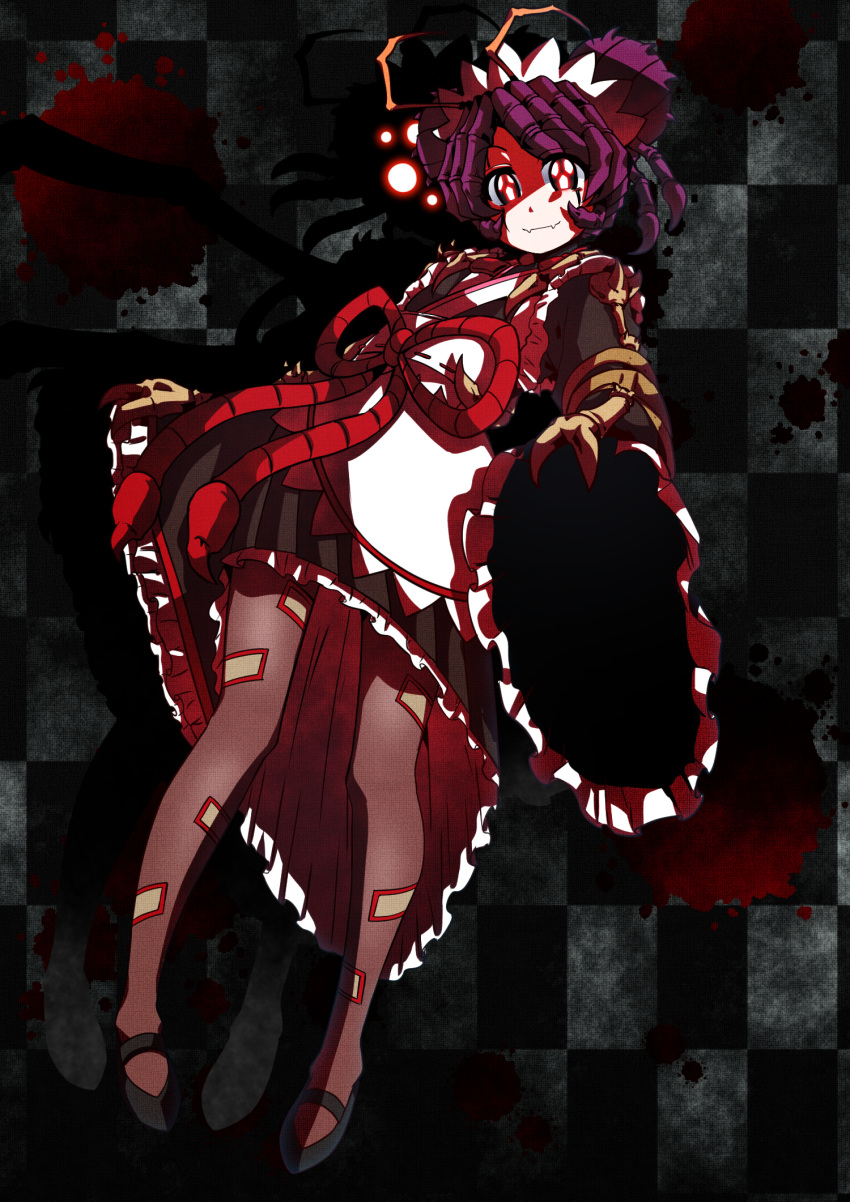 1girl 9-san antennae apron arthropod_girl arthropod_limbs black_footwear blood blood_splatter brown_kimono brown_pantyhose checkered_background closed_mouth commentary_request different_shadow double_bun entoma_vasilissa_zeta extra_pupils fangs full_body glowing glowing_eyes hair_bun highres japanese_clothes kimono light_smile looking_at_viewer maid maid_headdress mary_janes monster_girl ofuda ofuda_on_clothes overlord_(maruyama) pantyhose purple_hair red_eyes shaded_face shoes short_hair skin_fangs sleeves_past_wrists solo white_apron wide_sleeves