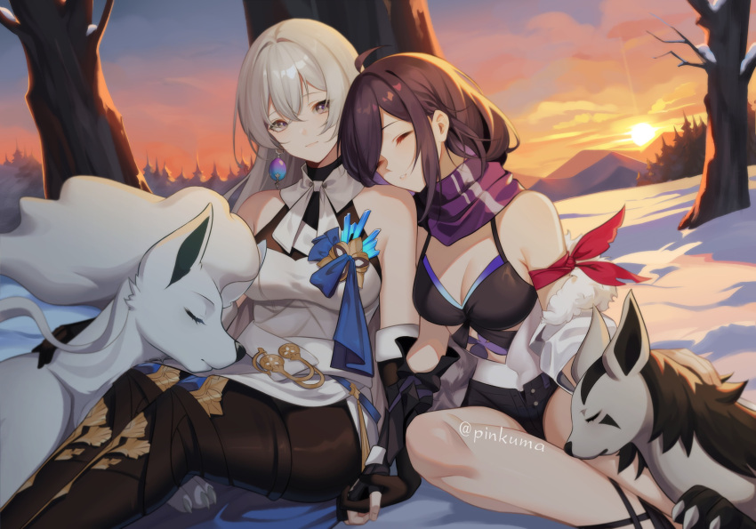 2girls ^_^ absurdres ahoge bare_shoulders black_gloves black_pantyhose breasts bronya_zaychik character_request cleavage closed_eyes commentary dress earrings english_commentary gloves grey_eyes grey_hair highres holding_hands honkai:_star_rail honkai_(series) jewelry large_breasts long_hair looking_at_viewer mightyena multiple_girls outdoors pantyhose parted_lips pinkuma pokemon pokemon_(creature) purple_hair purple_scarf scarf seele_(honkai:_star_rail) sleeping sleeveless sleeveless_dress smile snow sunset white_dress yuri