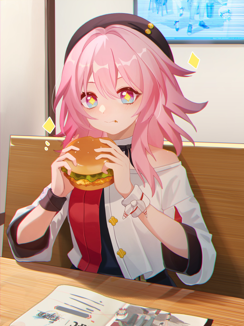 1girl absurdres beret black_bow black_headwear black_shirt blue_eyes blush bow burger chinese_commentary chromatic_aberration collar commentary_request cropped_jacket detached_collar food food_bite food_on_face hat highres holding holding_food honkai:_star_rail honkai_(series) huang_tie_lin jacket march_7th_(honkai:_star_rail) march_7th_(kfc)_(honkai:_star_rail) medium_hair multicolored_clothes multicolored_jacket off-shoulder_jacket off-shoulder_shirt off_shoulder official_alternate_costume pink_eyes pink_hair red_jacket shirt short_sleeves sitting solo two-tone_eyes upper_body white_bow white_collar white_jacket wrist_bow