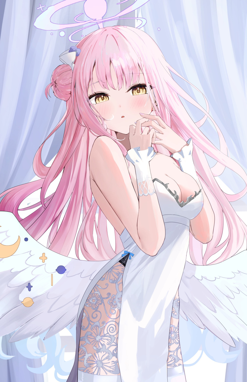 1girl absurdres aki_uzuki3 angel_wings bare_shoulders blue_archive blush breasts cleavage dress flower hair_bun hair_flower hair_ornament halo highleg highres large_breasts long_hair looking_at_viewer low_wings mika_(blue_archive) open_mouth pink_hair pink_halo single_side_bun solo white_dress white_wings wing_ornament wings yellow_eyes